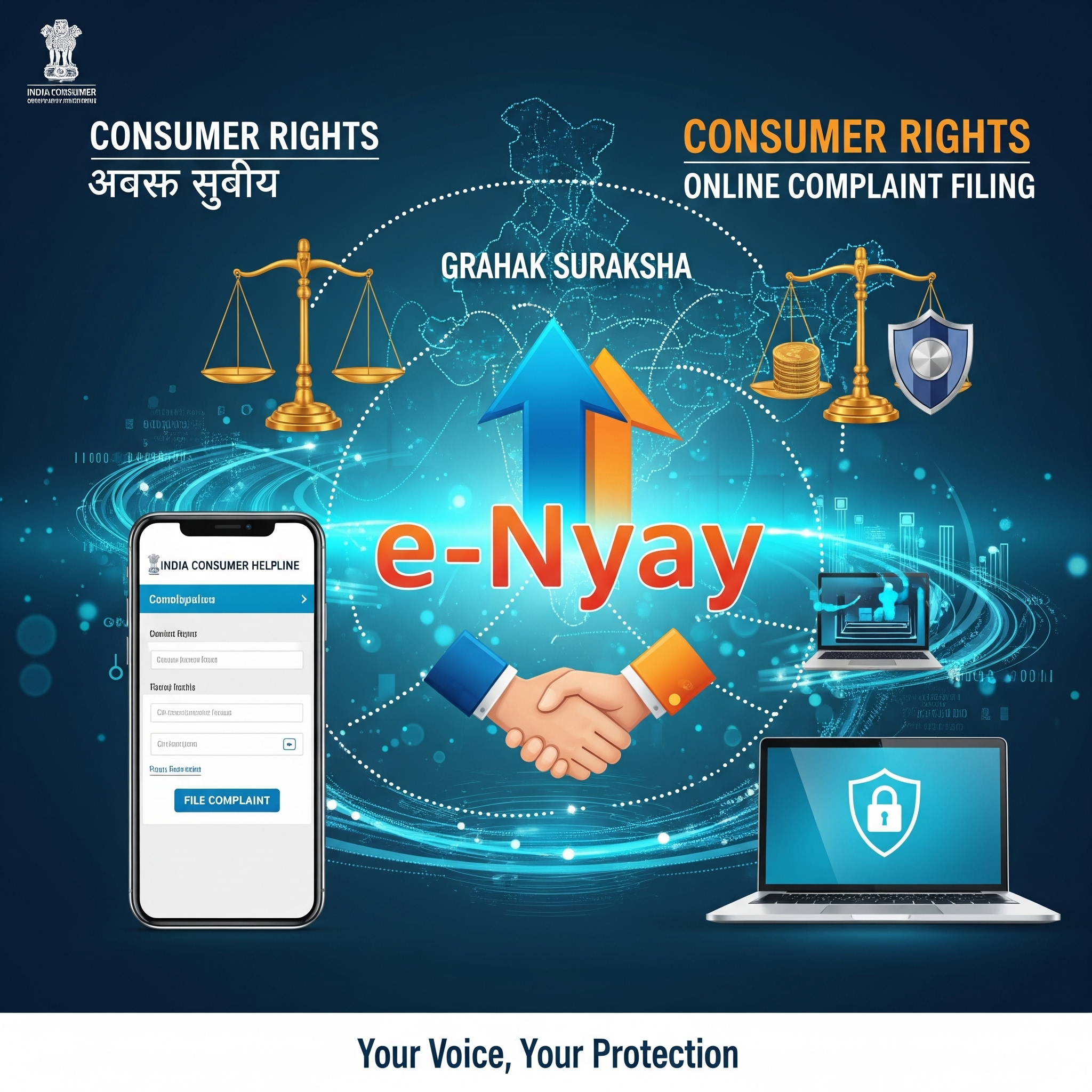 "Digital illustration showing a hand interacting with a smartphone or laptop, with icons representing consumer protection, online complaint forms, and a justice scale, symbolizing easy online complaint filing in Gujarat."